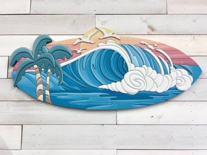 BIG Ocean Wave Surfboard with Sunset & Palms