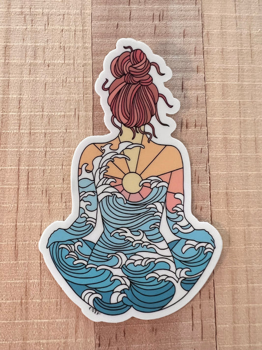 Red Head Ocean Girl with Sun & Waves Sticker