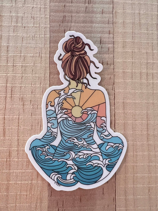 Brunette Ocean Girl with Sun & Waves Sticker